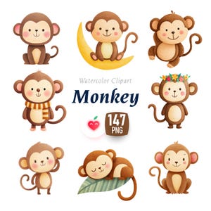 Könnte beinhalten: Aquarell-Clipart mit neun niedlichen Cartoon-Affen in verschiedenen Posen. Die braunen Affen haben rosafarbene Wangen und Ohren. Einige sitzen, einer auf einem Mond, ein anderer trägt einen Schal. Der Text "Watercolor Clipart Monkey" ist ebenfalls vorhanden.