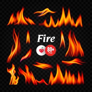 Puede incluir: Una colección de gráficos de fuego estilizados en tonos naranja y rojo sobre un fondo transparente. La palabra "Fire" se muestra en blanco, junto con un gráfico de un corazón y el texto "80+ PNG".