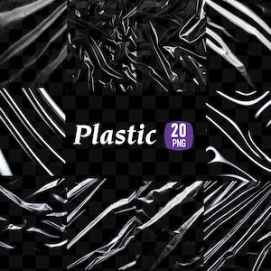 Może przedstawiać: Kolaż dziewięciu zdjęć przedstawiających przezroczystą folię plastikową o różnych fałdach i fakturach. Słowo "Plastic" jest wyświetlane na biało, z fioletową odznaką z napisem "20 PNG". Tło to czarno-przezroczysty wzór w szachownicę.