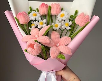 Handgemaakte bloemenboeket pijpreiniger, lelies, tulpen, cadeau jubileum, Moederdag, voor haar