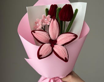 Handgemaakte bloemenboeket pijpreiniger, lelies, tulpen, cadeau jubileum, Moederdag, voor haar