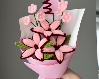 Handgemaakte bloemenboeket pijpreiniger, lelies, tulpen, cadeau jubileum, Moederdag, voor haar
