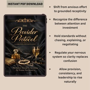 May include: A digital tablet displays "The Provider Protocol" book cover, featuring gold script on a black background. The cover includes a perfume bottle, bracelet, and champagne glass. Text reads "Instant PDF Download" at the top.
