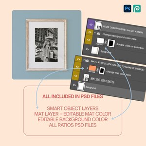 May include: A digital mockup template for a framed print featuring a black and white street scene. The PSD file includes smart object layers for the design, an editable mat layer with adjustable colors, and an editable background color option.