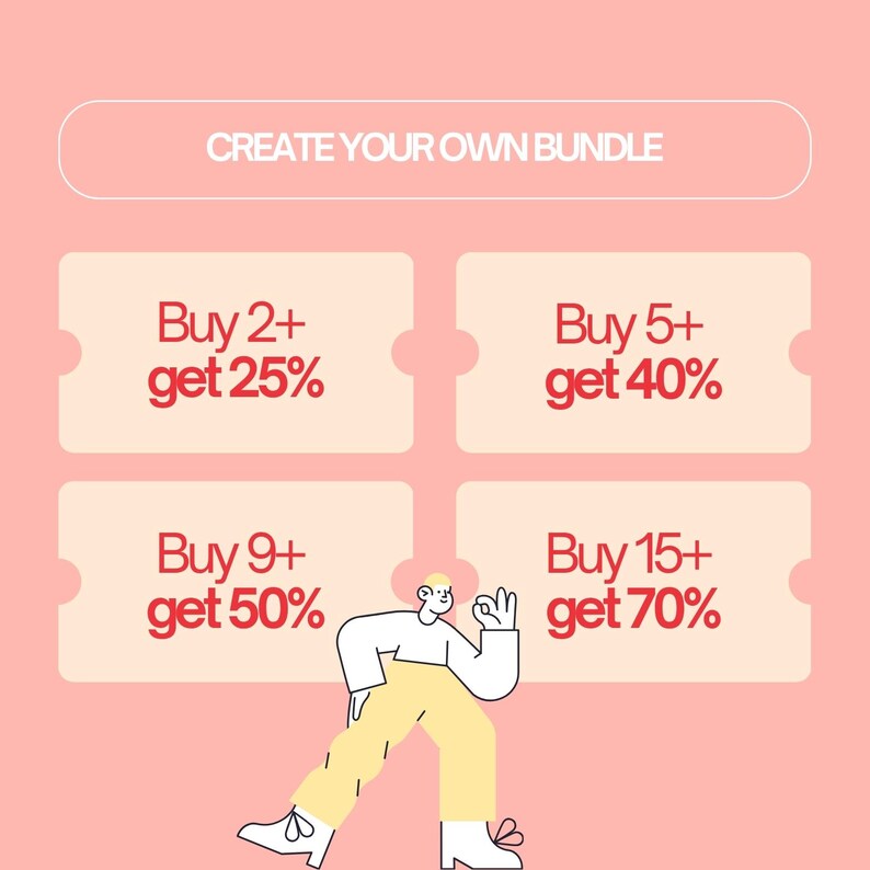 May include: A pink graphic featuring the text CREATE YOUR OWN BUNDLE and four rectangular coupons with red text. The coupons offer discounts for buying 2+, 5+, 9+, or 15+ items. A stylized illustration of a person making an okay hand gesture is below.