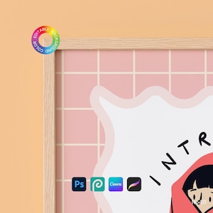 Puede incluir: Impresión enmarcada con un fondo de cuadrícula rosa y una forma blanca con la palabra "INTR" visible. La impresión incluye iconos para Adobe Photoshop, Procreate y Canva. Un gráfico circular indica color y fondo editables.