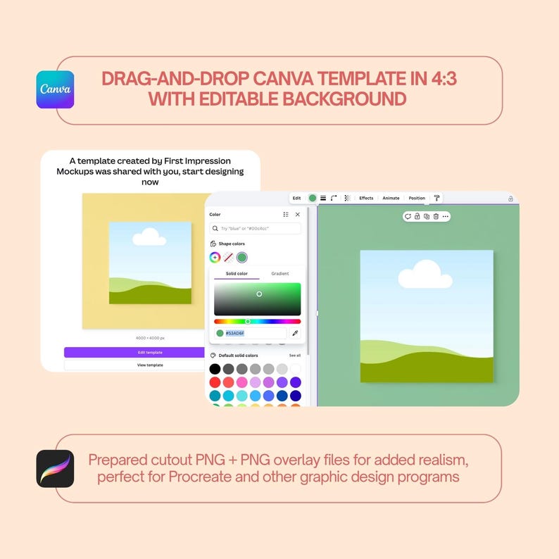 May include: A digital Canva template in 4:3 aspect ratio featuring an editable background, a color selection menu, and a graphic of a landscape with a cloud. The interface includes text stating: A template created by First Impression Mockups.
