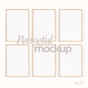 Könnte beinhalten: Sechs rechteckige Holzbilderrahmen mit weißen Innenräumen sind in einem Raster angeordnet. Die Rahmen sind leer, bereit für Kunstwerke oder Fotos. Der Text "Peaceful mockup" ist über die Mitte der Rahmen gedruckt, mit der Nummer "no.32" unten rechts.