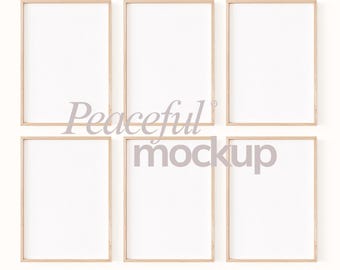 6 Frame Gallery Wall Mockup With Din A Ratio: Thin Wooden Frames Mockup Set of 6 (PSD & JPG)