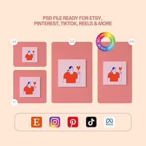 May include: A digital PSD file template featuring various aspect ratios including 4:3, 2:3, 9:16, and 1:1. The design displays a graphic of a figure in a red shirt holding a heart. Text reads PSD FILE READY FOR ETSY, PINTEREST, TIKTOK, REELS & MORE.