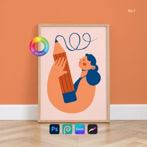 May include: A framed art print depicting a person holding a large orange and blue pencil, with a blue line extending from the pencil's tip. The artwork has a light pink background and is set in a wooden frame. The text "No.1" is in the upper right corner.