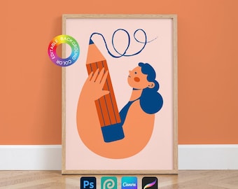 A4 Wood Frame Mockup: Editable Background Color, With Mat, Frame Template for Canva, Photoshop, Photopea, Procreate
