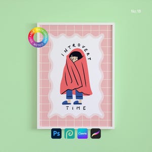以下が含まれることがあります： 赤い毛布に包まれた人物のイラストが描かれた、額入りのアートプリント。上部に「INTROVERT」、下部に「TIME」の文字。背景はピンクの格子模様。フレームは白で、背景は明るい緑色です。