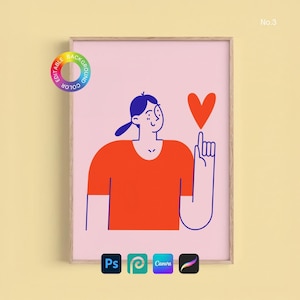 以下が含まれることがあります： 赤いハートを指している人のミニマリストイラストが描かれた、額入りのアートプリント。その人はオレンジ色のシャツを着て、青い髪をしています。背景はピンク色で、フレームは薄茶色です。プリントには「No.3」の文字が含まれています。