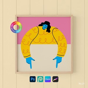 Peut inclure: Une affiche encadrée avec une illustration stylisée d'une personne en pull jaune et mains bleues pointant vers le bas. Le fond est divisé en sections rose et beige. L'image comprend le texte "EDITABLE BACKGROUND COLOR" et des logos de logiciels.