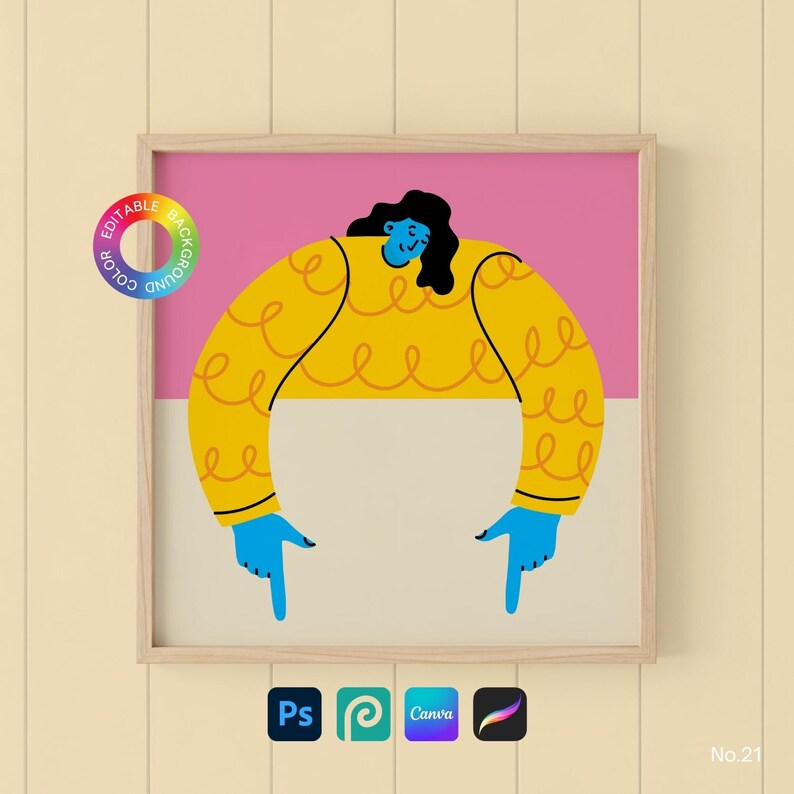 May include: A framed art print featuring a stylized illustration of a person with a yellow sweater and blue hands pointing down. The background is divided into pink and beige sections. The image includes the text "EDITABLE BACKGROUND COLOR" and software logos.