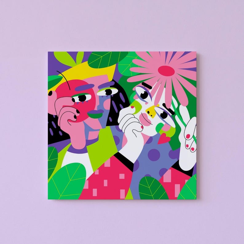 May include: A colorful, abstract art print featuring two stylized figures. One figure has a yellow head and a red face, while the other has a pink flower on their head. The artwork uses bold colors like green, pink, and purple.