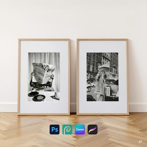 May include: Two framed black and white wall art prints in light wood frames. The left print shows a person reading a newspaper at a table with a cup. The right print depicts a person in a suit holding a newspaper on a city street with a vintage car.