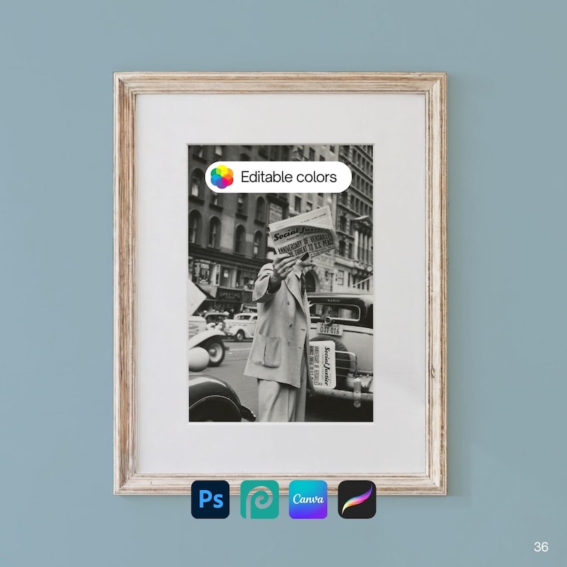 May include: A framed black and white photograph featuring a person in a suit holding a newspaper over their face in a city street setting. The newspaper displays the text Social Justice. The frame is light wood with a white mat border.