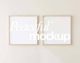 May include: Two square, light wood framed blank art prints or posters hanging on a cream-colored wall. The text "Peaceful mockup" is overlaid on the prints in white, with the number "no.33" in the bottom right corner.