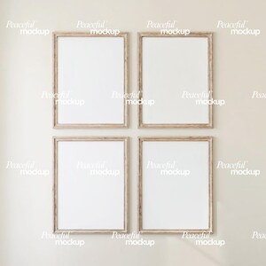 May include: Four rectangular wooden picture frames with white interiors are arranged in a square on a beige wall. The frames have a light brown, weathered appearance. The words "Peaceful mockup" are watermarked across the frames.