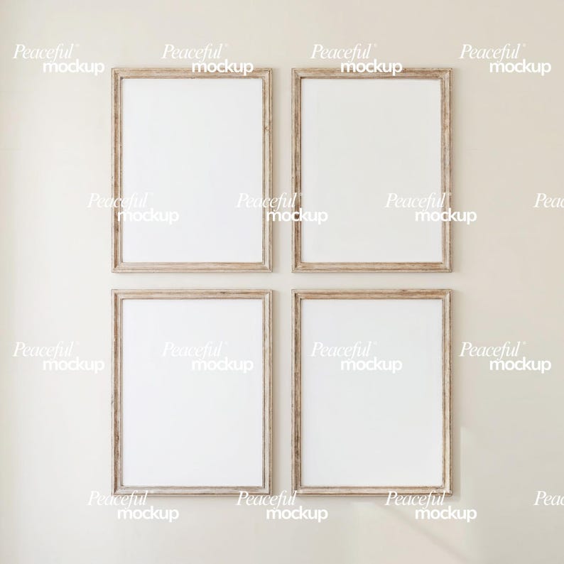 May include: Four rectangular wooden picture frames with white interiors are arranged in a square on a beige wall. The frames have a light brown, weathered appearance. The words "Peaceful mockup" are watermarked across the frames.