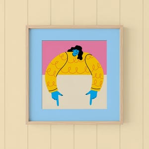 May include: A framed art print featuring a stylized illustration of a person. The figure has blue skin, black hair, and is wearing a yellow sweater. The person's blue hands point downwards. The background is pink and white, framed in blue.