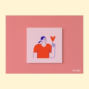 May include: A square print featuring a cartoon illustration of a person in an orange shirt and blue hair, pointing to a red heart. The background is a light pink with a 3:4 ratio label.