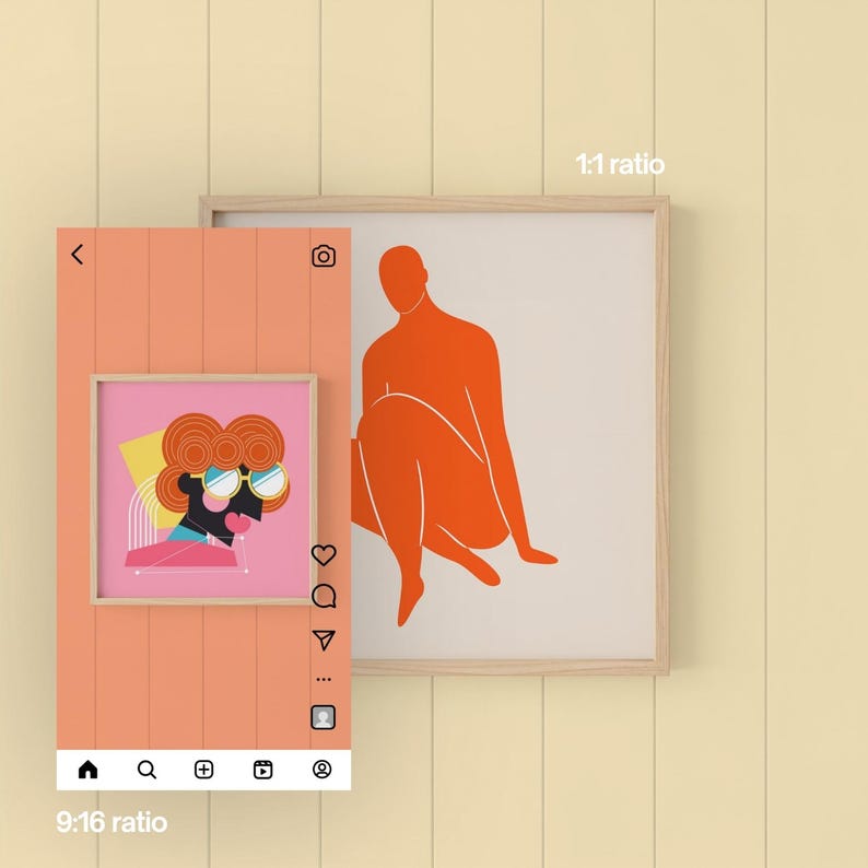 May include: Two framed art prints. One features an orange silhouette of a person, the other a colorful illustration of a person with sunglasses. The frames are light wood, and the background is a light yellow.