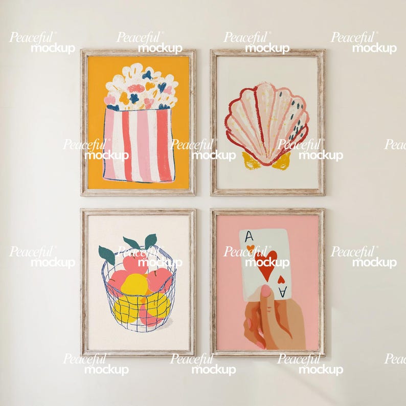 May include: Four framed art prints with colorful illustrations. One features popcorn in a striped container, another a seashell, a third a basket of fruit, and the last an Ace of Hearts playing card.