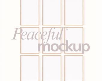 9 Frame Gallery Wall Mockup: Din A / ISO Ratio, Thin Wood Frames, Minimal, Simple (PSD & JPG)