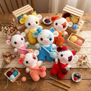 May include: A collection of handmade crochet cow plushies in various colors, including yellow, orange, pink, blue, and red. Each cow has a unique design, with small bags and overalls. Wooden crates hold yarn balls, and small dishes contain berries.