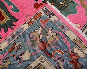 Hand-Knotted Wool Oushak Rug - 8x10 Pink & Teal Boho Carpet