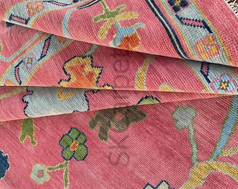 Hand-Knotted Pink Oushak Wool Rug - Modern Floral Turkish Area Rug for Living Room, Bedroom