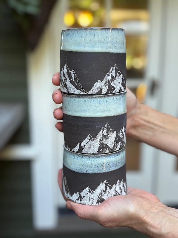 Wheel-thrown Mountain Mug: Black Clay Handleless Ceramic Cup