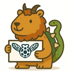 May include: A cartoon illustration of a creature with a lion's mane, horns, and a green tail. The creature holds a sign with a winged emblem. The color palette includes shades of brown, green, and white, with a friendly, inviting style.