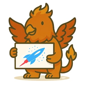 May include: A cartoon griffin in shades of orange and brown, holding a white sign. The sign features a blue rocket with a red flame and blue star accents. The griffin has wings, a beak, and a fiery tail, all in a cartoon style.