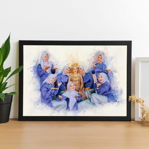 May include: A framed watercolour print showing a group of women in matching blue outfits and headscarves. The central figure wears elaborate gold jewellery and a headdress. The artwork has a soft, ethereal quality, with a watercolour effect.