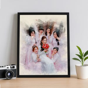 May include: A framed watercolour print showing a group of women in white and pink outfits. The central figure holds a bouquet of red flowers. The artwork is set against a soft, abstract background, with a black frame.