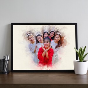 May include: A framed watercolour-style print showing six women. The women are wearing white and red clothing. The artwork has a soft, artistic aesthetic with watercolour washes and a neutral background.