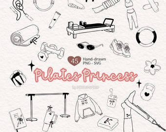Pilates Princess Clipart Bundle PNG SVG, Pilates It girl Line art, Girls workout lifestyle