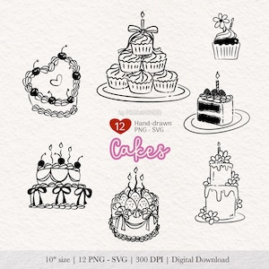 Könnte beinhalten: Eine Sammlung von zwölf handgezeichneten Kuchenillustrationen in Schwarz-Weiß, darunter ein herzförmiger Kuchen, ein Cupcake-Turm und verschiedene Etagenkuchen mit Kerzen, Blumen und Kirschen. Der Text lautet 12 Hand-drawn PNG - SVG Cakes 10" size.