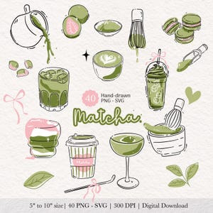 Op de afbeelding: Digitale illustratie met matcha-thema, inclusief drankjes, macarons en een garde. Het woord "Matcha" is geschreven in een decoratief lettertype. De afbeelding bevat de tekst "Handgetekend" en "5" tot 10" grootte". Beschikbaar als PNG en SVG.