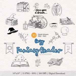 Cozy Fantasy Reader Clipart Bundle | Magical Line Art Graphics (Digital Download)