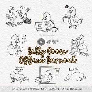 Pode incluir: Ilustrações em preto e branco de patos em vários cenários de escritório. Um pato trabalha em um laptop, outro bebe café e outro olha para o relógio. O texto diz "Silly Goose Office Burnout".