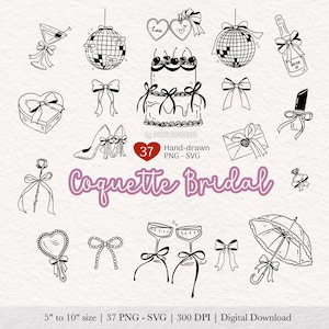 Könnte beinhalten: Eine Sammlung handgezeichneter Schwarz-Weiß-Illustrationen mit Brautthema. Enthält einen Kuchen, eine Champagnerflasche, High Heels, Discokugeln, Schleifen und den Text "Coquette Bridal".