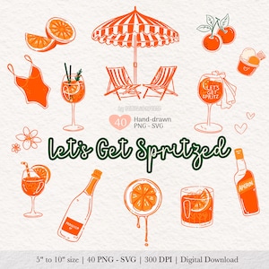 Può includere: Illustrazioni digitali arancioni e bianche di bevande e accessori estivi. Include un ombrellone, sedie a sdraio, bicchieri da cocktail, fette d'arancia e il testo "Let's Get Spritzed".