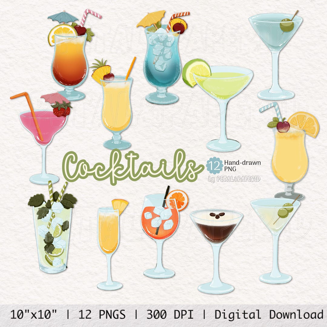Classic Cocktail Clipart Bundle PNG | Hand-drawn Drink Images | Bar ...