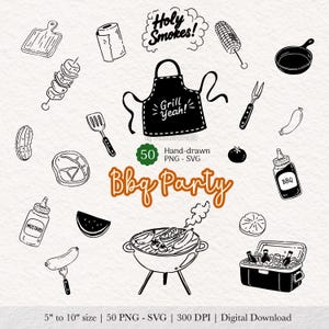 May include: A collection of 50 hand-drawn black and white BBQ-themed illustrations including an apron with the text Grill Yeah!, a grill, condiments, and food items. The text Bbq Party is centered in orange, with 5 to 10 inch size text at the bottom.