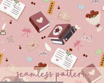 Valentine Book Seamless Pattern, Book Lover paper, Romantic Reading repeatable design